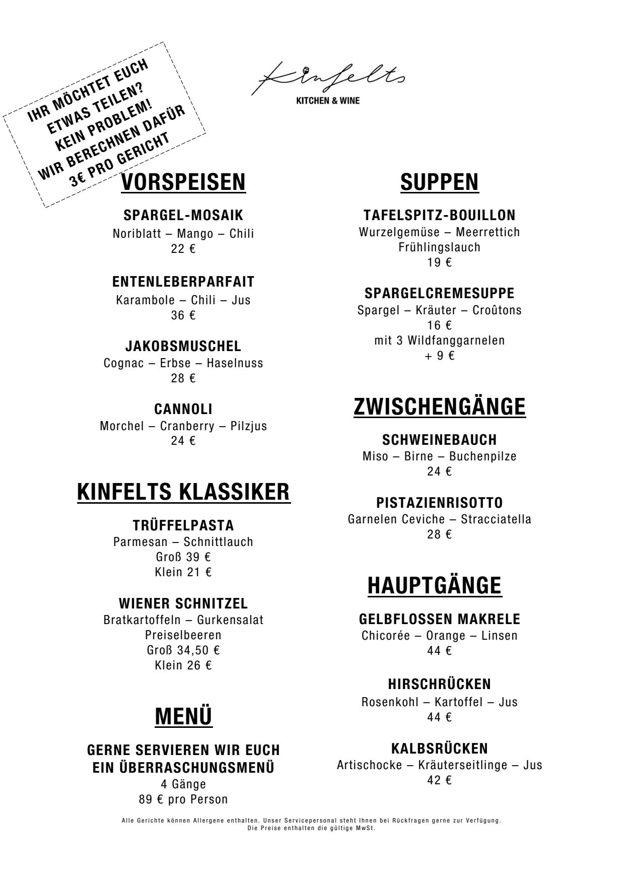 Menus 2026 - Kinfelts Kitchen & Wine in Hamburg | TheFork
