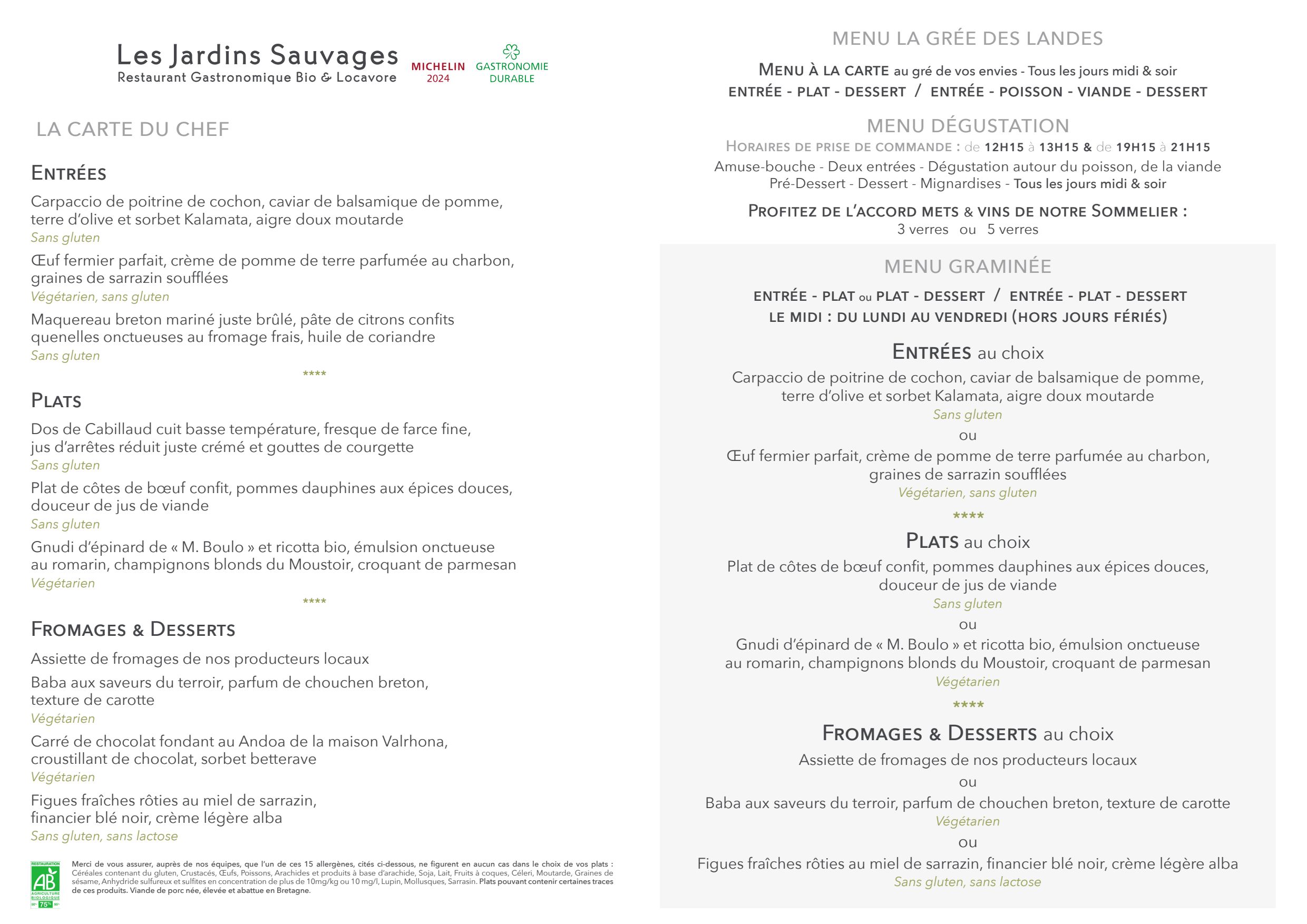 Carte et Menus 2026 - Les Jardins Sauvages à La Gacilly TheFork