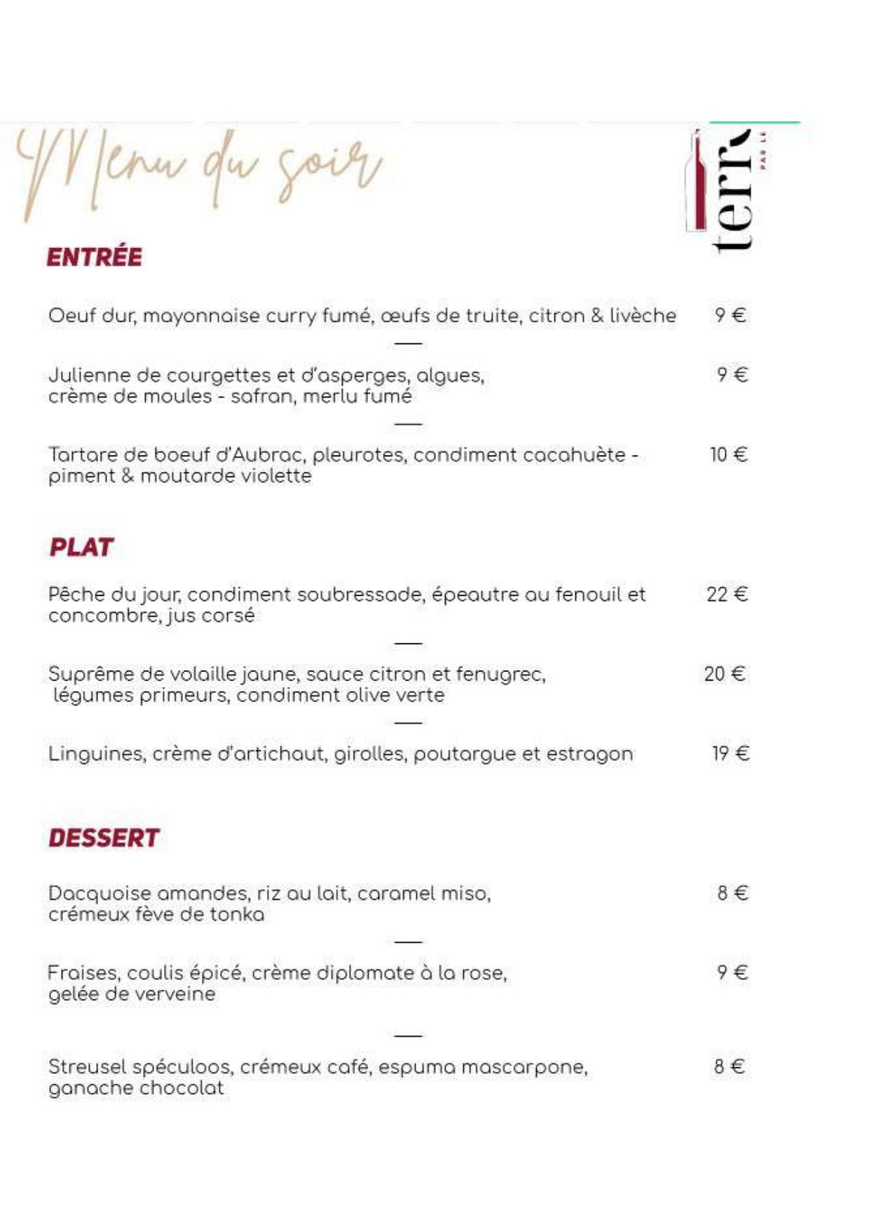 Carte et Menus 2026 - Terroir à Bordeaux  TheFork