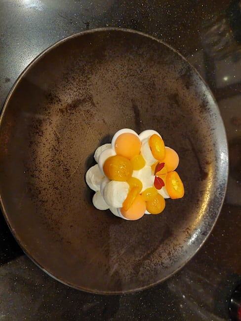 Dessert délicat avec une base de mousse blanche crémeuse, surmontée de petites meringues orange et de segments d'orange, garnie de fines tranches de fruits rouges.