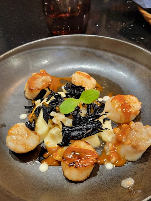 Plat de pétoncles tendres légèrement grillés, accompagnés d'une sauce épaisse et de varech noir, le tout rehaussé par des herbes finement hachées.