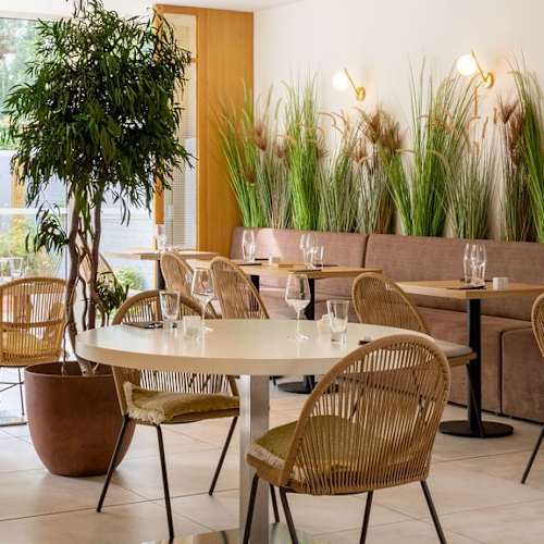 Intérieur de restaurant moderne avec un design épuré, agrémenté de verdure luxuriante et de sièges en chaises tissées claires autour de tables blanches, créant une ambiance accueillante et décontractée.