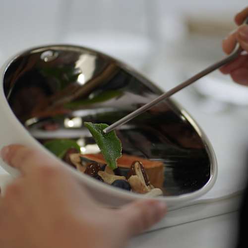 Verduras asadas, como zanahorias y champiñones, adornadas con hierbas frescas y una salsa, presentadas de manera contemporánea.