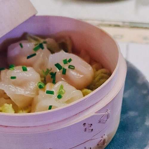 Coquilles tendres sur un lit de laitue délicate, garnies de ciboulette hachée, offrant une présentation élégante dans un cuiseur vapeur en bambou rose.