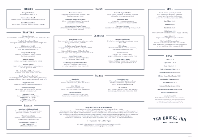 Menus 2026 - The Bridge Inn in Linlithgow Bridge, Bridge, Linlithgow ...