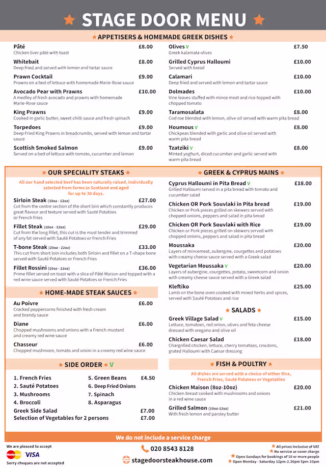 Stage Menu Stage Door Steakhouse and Greek Taverna in Londen - Menu, openingsuren ...