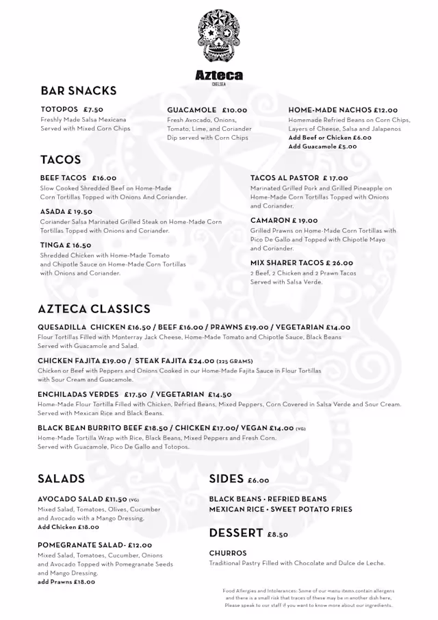 Menu 2026 - Azteca Chelsea in London | TheFork