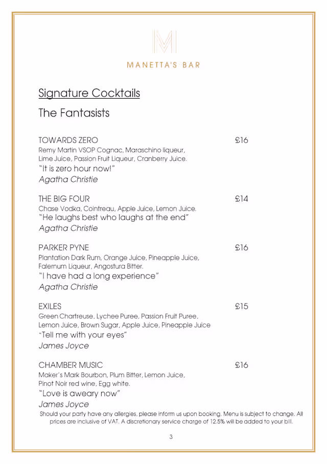 Menus 2026 - Manetta's Bar in London | TheFork