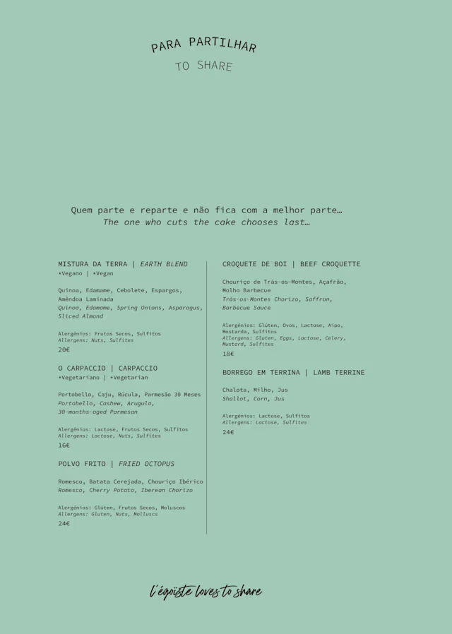 Menu 2026 - L’Égoïste Bar & Restaurant in Porto | TheFork