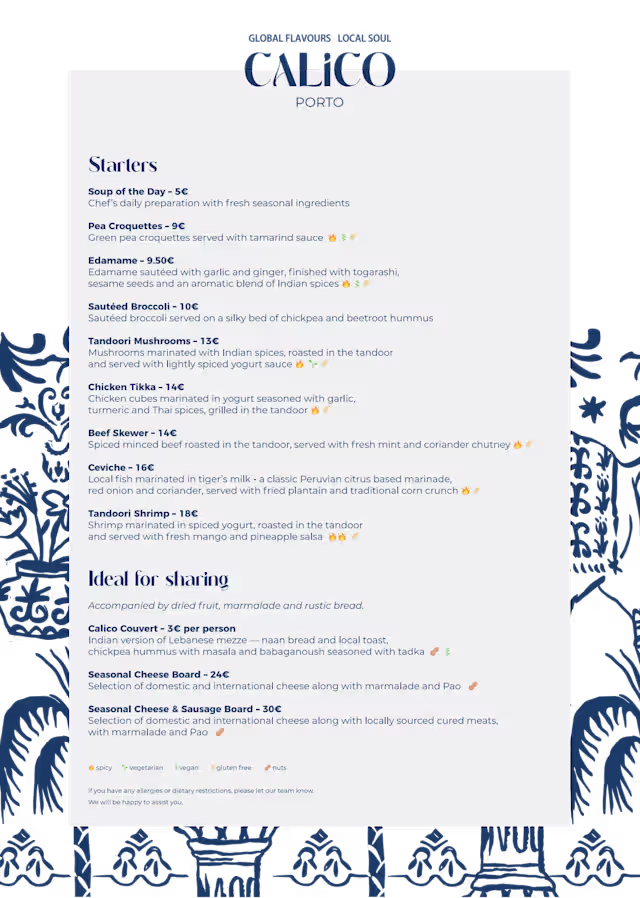 Menu 2026 - Calico Porto em Porto | TheFork