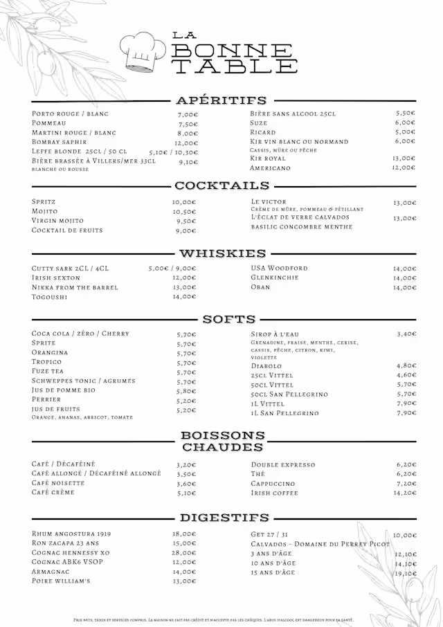 Table 34 Menu Carte et Menus 2026 - La Bonne Table à Villers-sur-Mer | TheFork