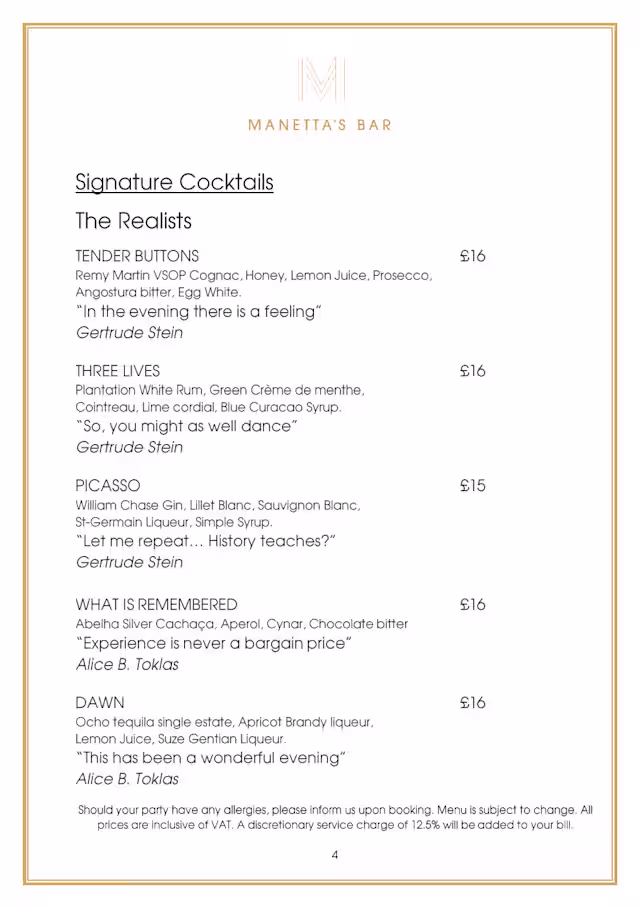 Menu 2026 - Manetta's Bar in London | TheFork