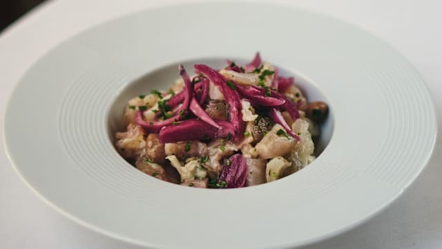 Insalata tiepida di nervetti di vitello, fagioli borlotti e cipolla rossa in agrodolce 