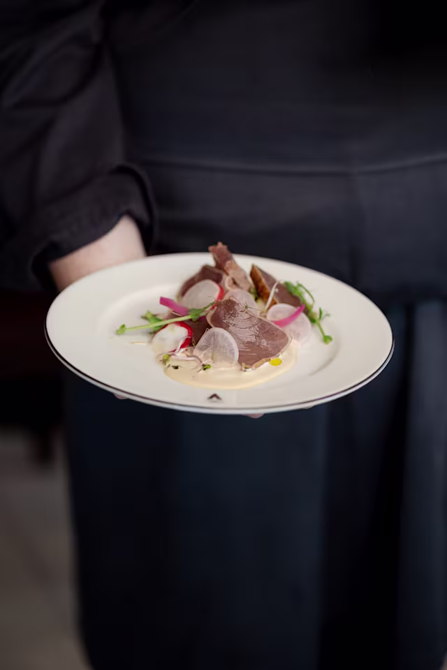 Plat élégamment présenté avec des tranches de viande tendre, probablement du canard, accompagné d'une sauce crémeuse et garni de jeunes pousses délicates et de radis finement tranchés.