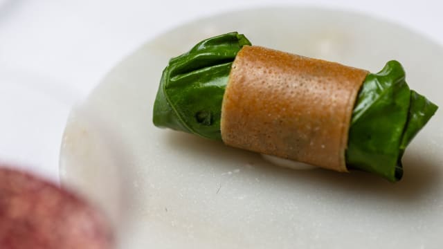 Rouleau végétal de feuille de capucine, brick croustillante, condiment noix de cajou, sapin et éléments préservés.  Comme une introduction à notre identité de cuisine, une bouchée fraîche pleine de saveurs, de surprises lactofermentées ou conservées au fil des saisons