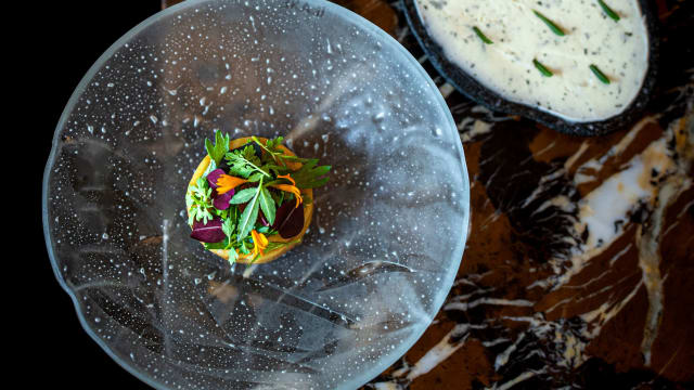 Garbure, pomme de terre confite, canard et bouillon de légumes