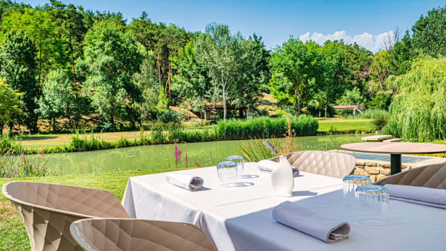 Cadre de restauration extérieur serein au bord d'un étang, entouré de verdure luxuriante, offrant une ambiance paisible pour un repas détendu.