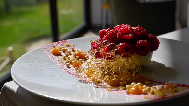 Dessert délicat avec une base crémeuse, garni de framboises fraîches et d'un coulis de mangue, orné de filaments de sucre et de petites perles.
