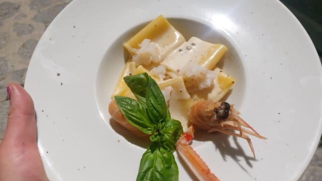Pacchero cacio e pepe con tartare di scampi
