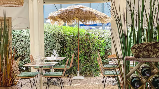 Intérieur de restaurant chaleureux avec tables confortables, coussins verts et une ambiance décontractée, entouré de plantes luxuriantes.