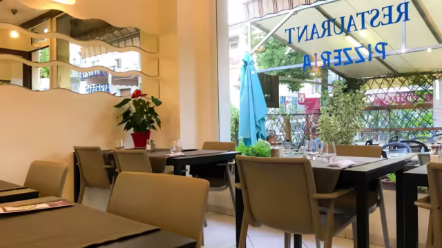 Intérieur de restaurant moderne et accueillant, avec des tables bien disposées, une lumière naturelle abondante, des plantes en pot et des miroirs sur les murs, créant une ambiance chaleureuse et confortable.