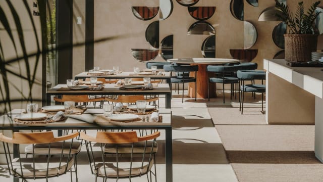 Interior moderno y minimalista, con luz natural, mesas ordenadas, sillas azul oscuro, espejos circulares en las paredes y plantas en macetas, creando un ambiente fresco y acogedor.