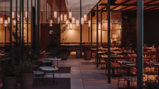 Patio de restaurante moderno con mesas de madera y sillas de metal, iluminación suave y plantas en macetas, creando un ambiente acogedor y relajado.