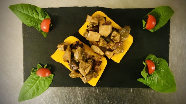 fride polenta with bacon and porcini mashrooms