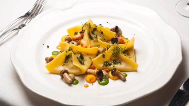 Paccheri saltati con funghi chiodini e fave fresche su crema di zucca