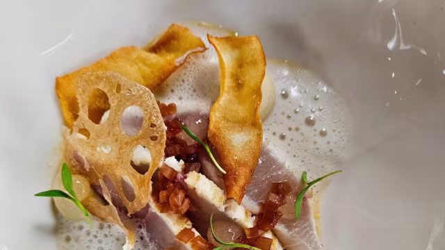 Het gerecht bestaat uit delicate plakjes vis, waarschijnlijk sashimi, kunstzinnig gepresenteerd met knapperige lotuswortelchips en stukjes krokant varkensvlees of spek voor een hartige contrast. Een lichte, schuimige emulsie omringt de ingrediënten, terwijl verse microgroenten bovenop voor kleur en frisheid zorgen.