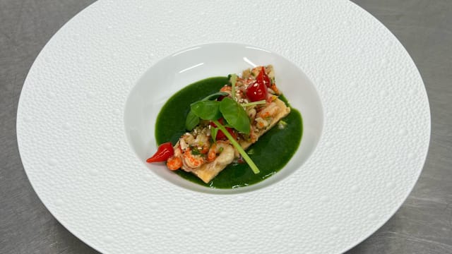 Caspacho de cresson et tarte fine aux écrevisses