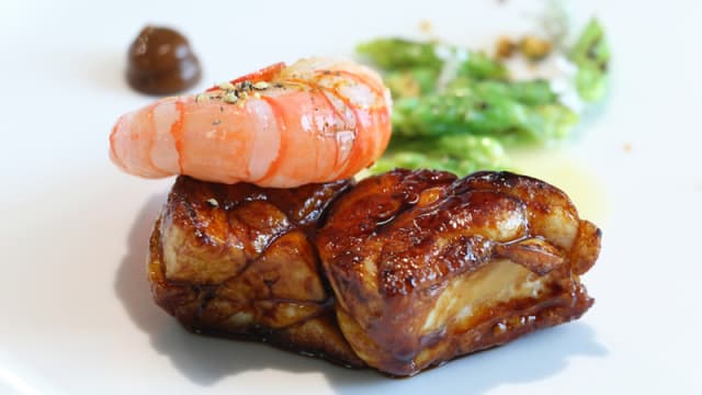 Riz de veau, gambas rouge de Mediterranée