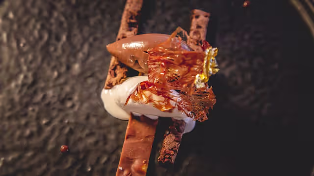 Dessert élégant composé d'une mousse au chocolat lisse, de gaufrettes au chocolat croustillantes, d'une sauce crémeuse blanche et d'un éclat de sucre caramélisé.