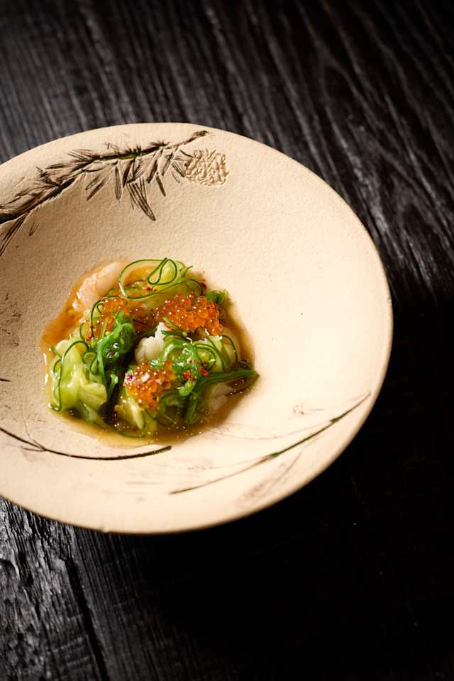 Crudo of seasonal white fish with fermented cucumber & seaweed