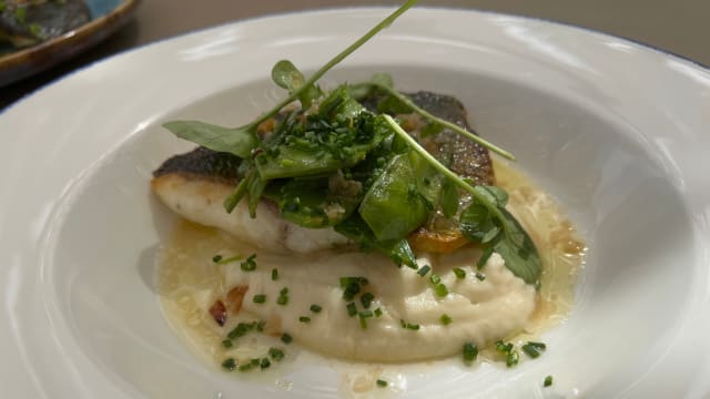 Lubina con salsa beurre blanc de jerez. cremoso apio bola y tirabeques