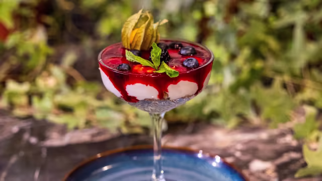 Dessert a strati di yogurt o mousse bianca, con salsa di frutti di bosco rossa, mirtilli freschi e fette di fragola, decorato con una foglia di menta e una bacca dorata.