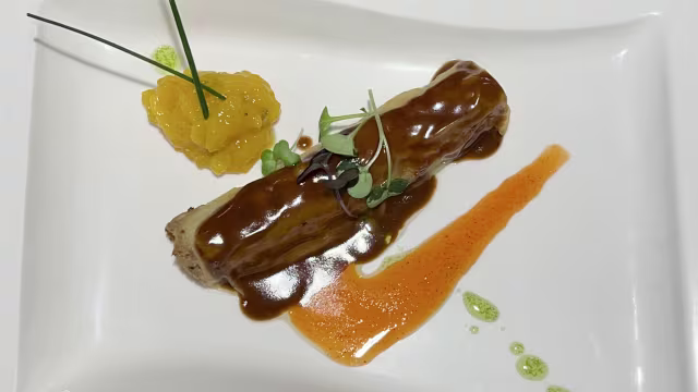 Carne enrollada con salsas de frutas, decorada con microgreens y un toque de salsa verde.