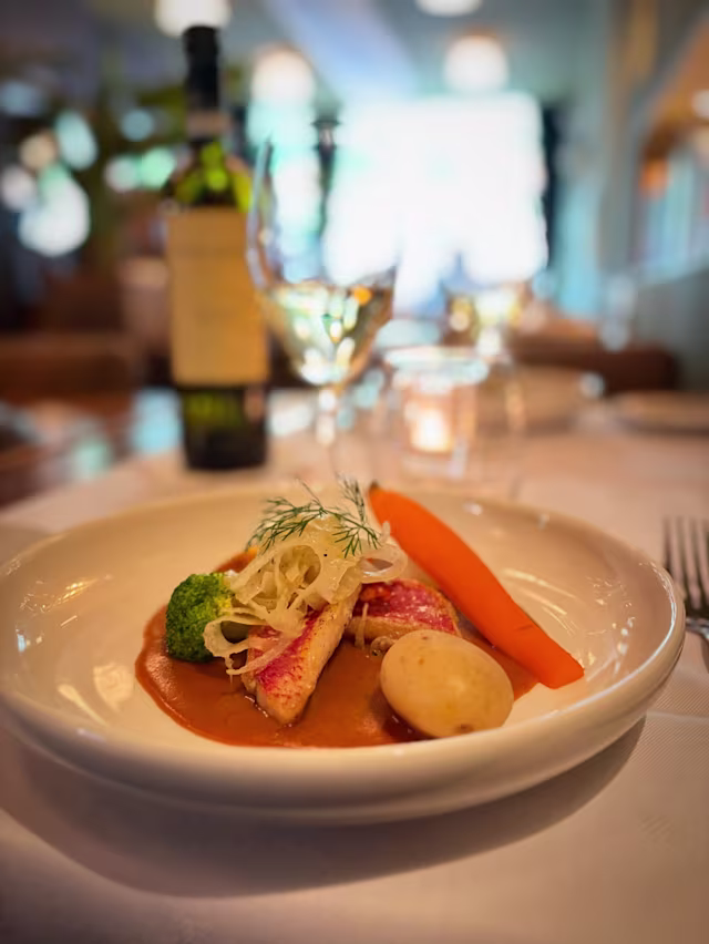 Mooi gepresenteerd gerecht met een stuk vis, waarschijnlijk gebakken, op een rijke saus. De vis is gegarneerd met dunne groenten, vergezeld van een feloranje wortel en een kleine, ronde aardappel voor kleur en balans. Een takje dille voegt een frisse toets toe aan de presentatie.