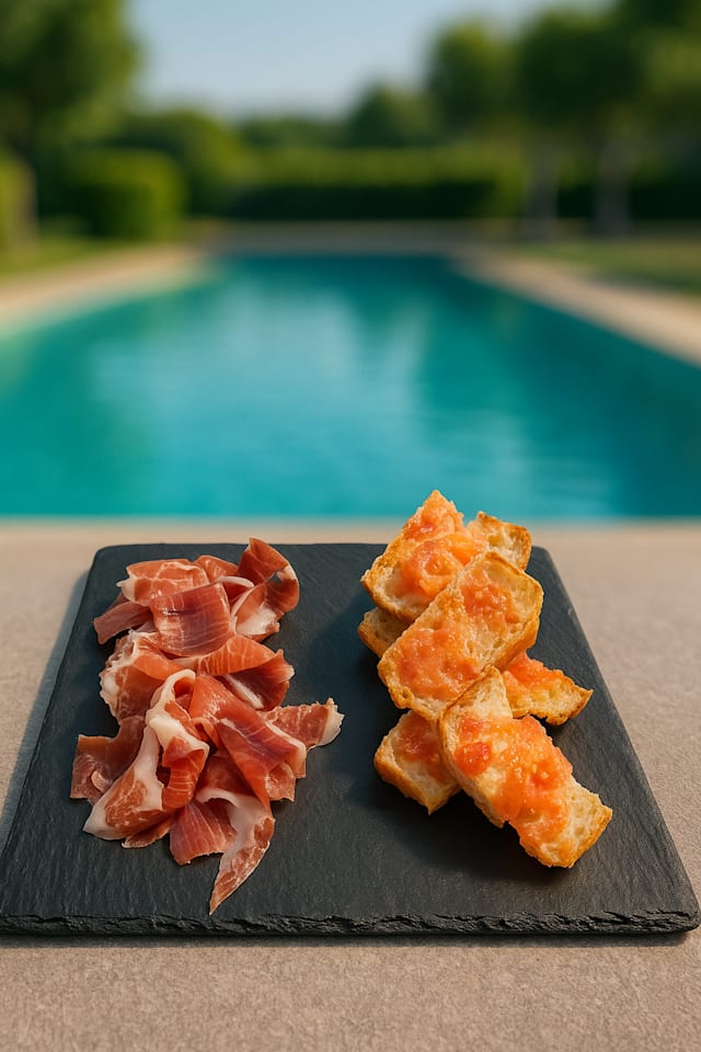 Jamón ibérico de bellota (50 gr) con pan a la brasa y tomate / Acorn-fed Iberian ham (50 gr) with grilled bread and tomato