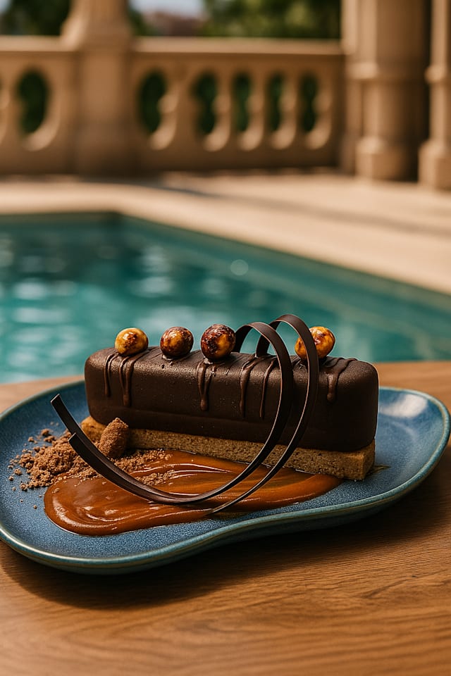 Lingote de chocolate y praliné con salsa de caramelo / Chocolate and praline ingot with caramel sauce