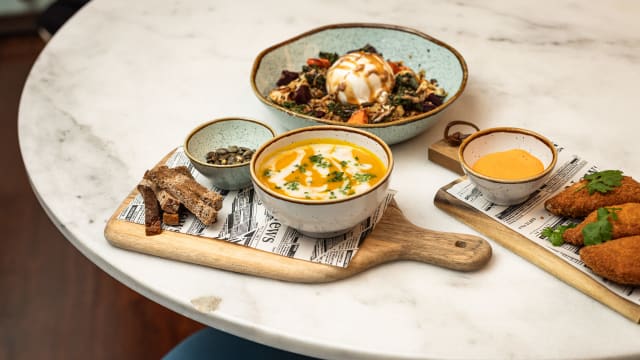 Roasted pumpkin soup with coconut, ginger and sourdough rye bread;  Burrata and quinoa salad with roasted vegetables, almond butter and fig vinegar; Cod and clam patties with roasted pepper aioli