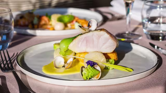 Plat de poisson délicatement cuit, servi sur un lit de patates douces rôties, accompagné de coquilles Saint-Jacques, de petits fruits de mer, et d'une sauce crémeuse, le tout agrémenté d'herbes fraîches et d'une purée verte.