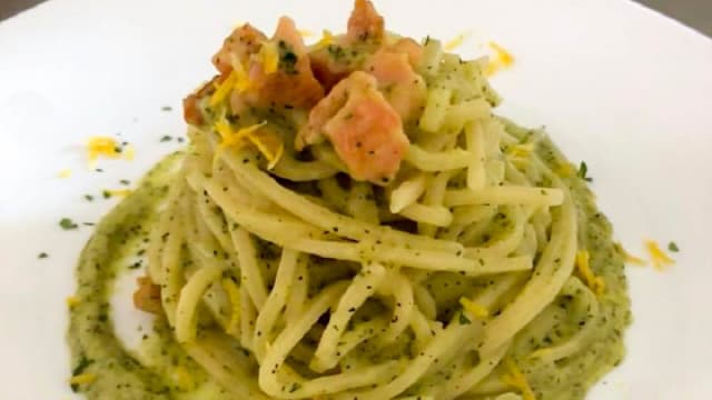 Tonnarelli Crema di Asparagi Pinoli e Speck