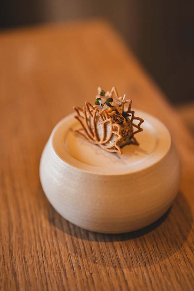 Een delicaat, kunstzinnig gerecht met een kleine, ronde basis, gegarneerd met een knapperig element dat op een bloem lijkt. De centrale vulling lijkt een hartige bal van vlees of zeevruchten te zijn, versierd met kleine groene kruiden voor een frisse toets. De presentatie is elegant en artistiek, met een mix van texturen en smaken.