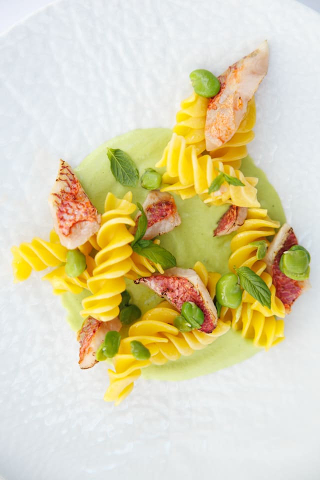 Fusillone, crema di fave verdi alla menta, colatura di alici e filetto di triglia 