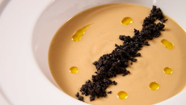 Crema de boletus con polvo de aceituna negra