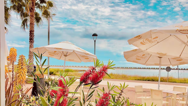 Área de comedor al aire libre con plantas verdes y flores coloridas, mesas y sillas blancas, y sombrillas grandes, todo con vista al agua.