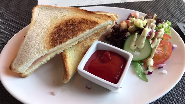 Geroosterd sandwich met ham en kaas, geserveerd met ketchup en een frisse salade van gemengde groenten, komkommer en tomaat met romige dressing.