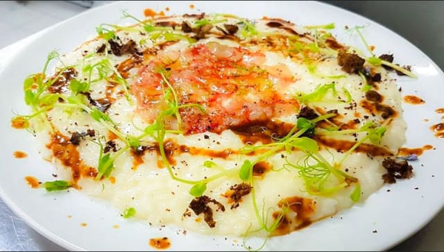 risotto stracciatella con carpaccio di gambero rosso di mazara