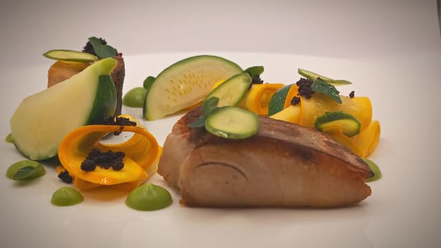 Filetto di ricciola, consistenze di zucchine, salsa mediterranea, origano